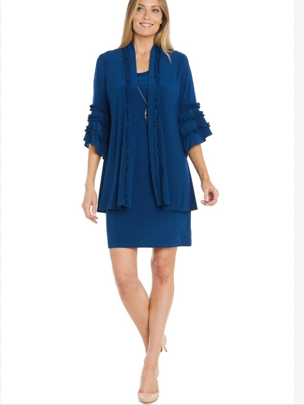 R&M Richards NWT Size 16 Blue 2 Piece Dress Jacket Necklace Formal Set